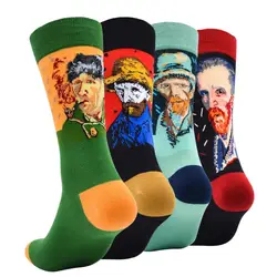 Модные Для мужчин носки 4 пар/лот Для мужчин смешная картина маслом хлопковые носки Harajuku в стиле хип-хоп Happy Socks Для мужчин яркие носки