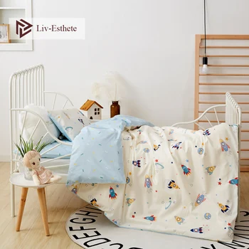 

Liv-Esthete 2020 New 100% Cotton Rocket Planet Kids Cartoon Blue Bedding Set Duvet Cover Pillowcase Bed Linen For Mom Baby 3Pcs