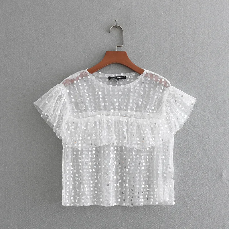 

TX905 Summer Sexy Pailletted Mesh T-shirt Ladies Ruffles Sheer Sequined Crop Tops