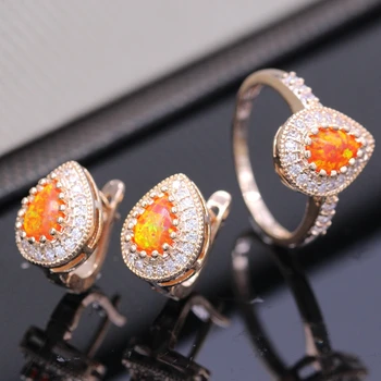 

GZJY Noblest Fashion Jewelry Set Water Drop Orange Fire Opal Zirconia Champagne Gold Color Ring&Earrings Set For Women