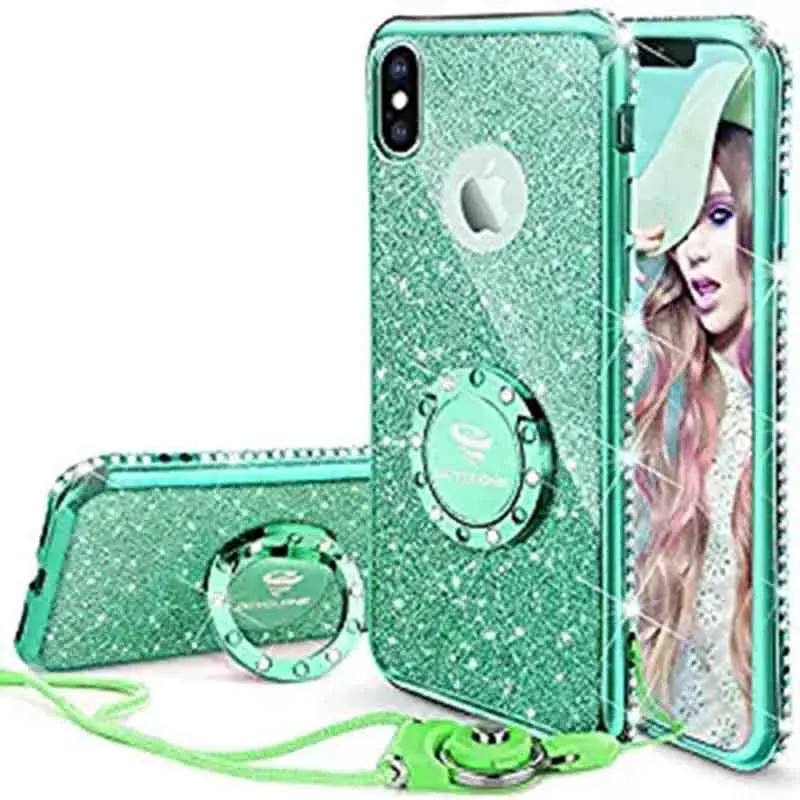 

For iphone x casing luxury Anti-knock Diamond painting Ring Kickstand Soft Thin Bling Glitter phone Case Cute girl case Green