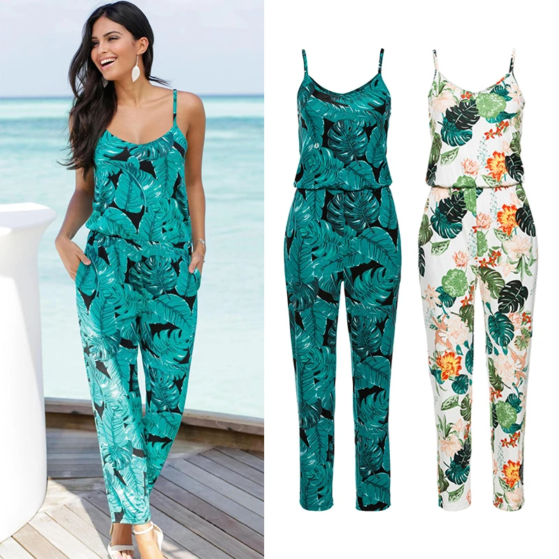 Beach Casual Pants V neck Printed Beach Playsuit Long Playsuit New Boho Womenin Jumpsuits from