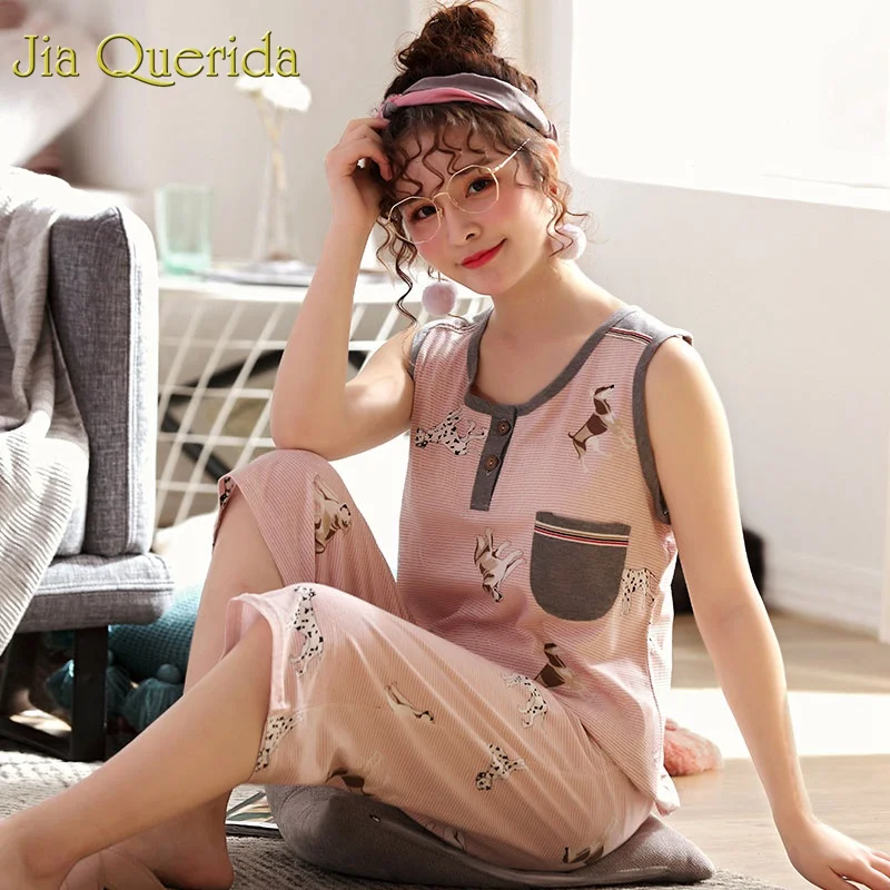 J&ampQ Loungewear Women 100% Cotton Home Wear 2019 Summer New Over Knees Pajama Pant + Sleeveless Top Dog Printing Cute Pajamas Set | Женская