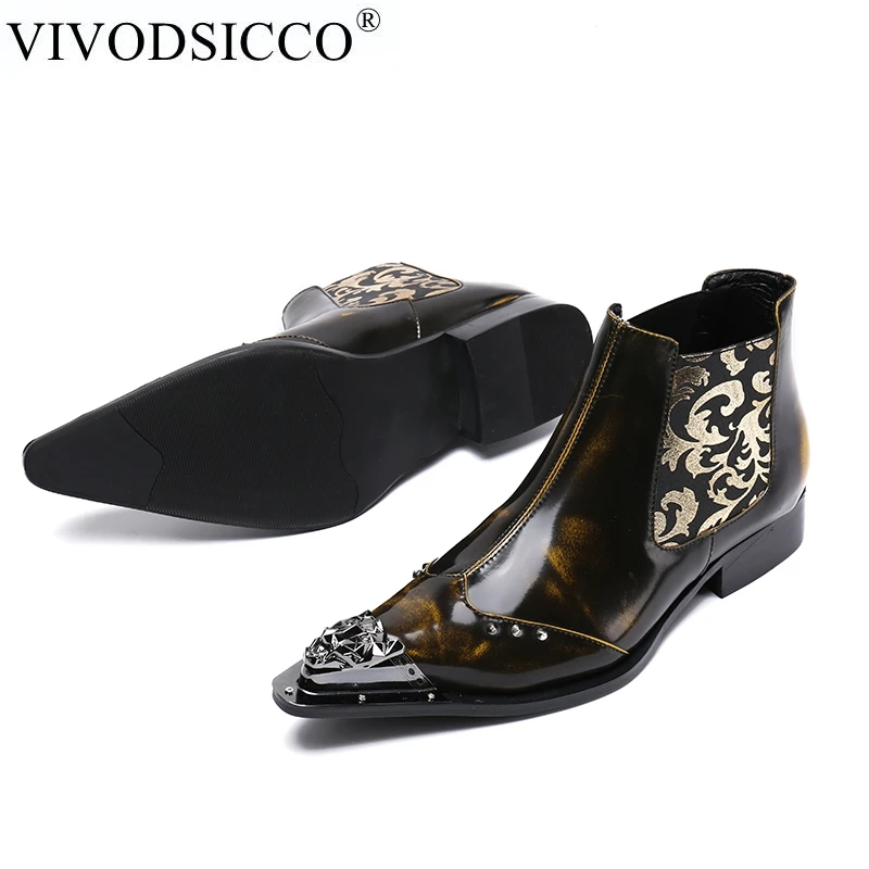 VIVODSICCO/модные роскошные мужские ботинки; мужские Ботильоны из натуральной кожи; итальянская деловая обувь под платье с заклёпками; ковбойские ботинки без застежки