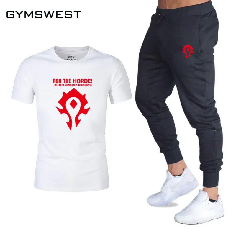 Новый Для мужчин спортивные костюмы штаны для бега Штаны + футболки Для мужчин Wow World of символ Орды Training костюм марки тренажерный зал костюмы