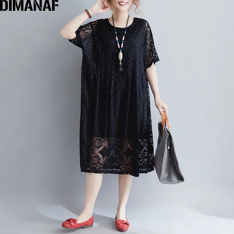DIMANAF Women Dress Summer Plus Size 2018 New Female Elegant Lace Vestidos Loose Oversized Hollow Out Sexy Lady Dresses Clothing