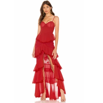 

Elegant Red Spaghetti Strap Sexy Hollow Out Backless Bandage Dress Maxi 2018 Vestidos Evening Celebrity Lace Floor-Length Club