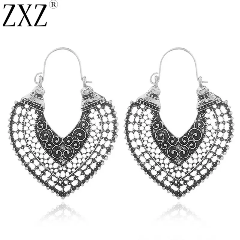 

ZXZ Fashion Heart Earrings Ethnic Tribal Aztec Hippy Boho Bohemian Dangle Statement Tibetan Silver Jewelry