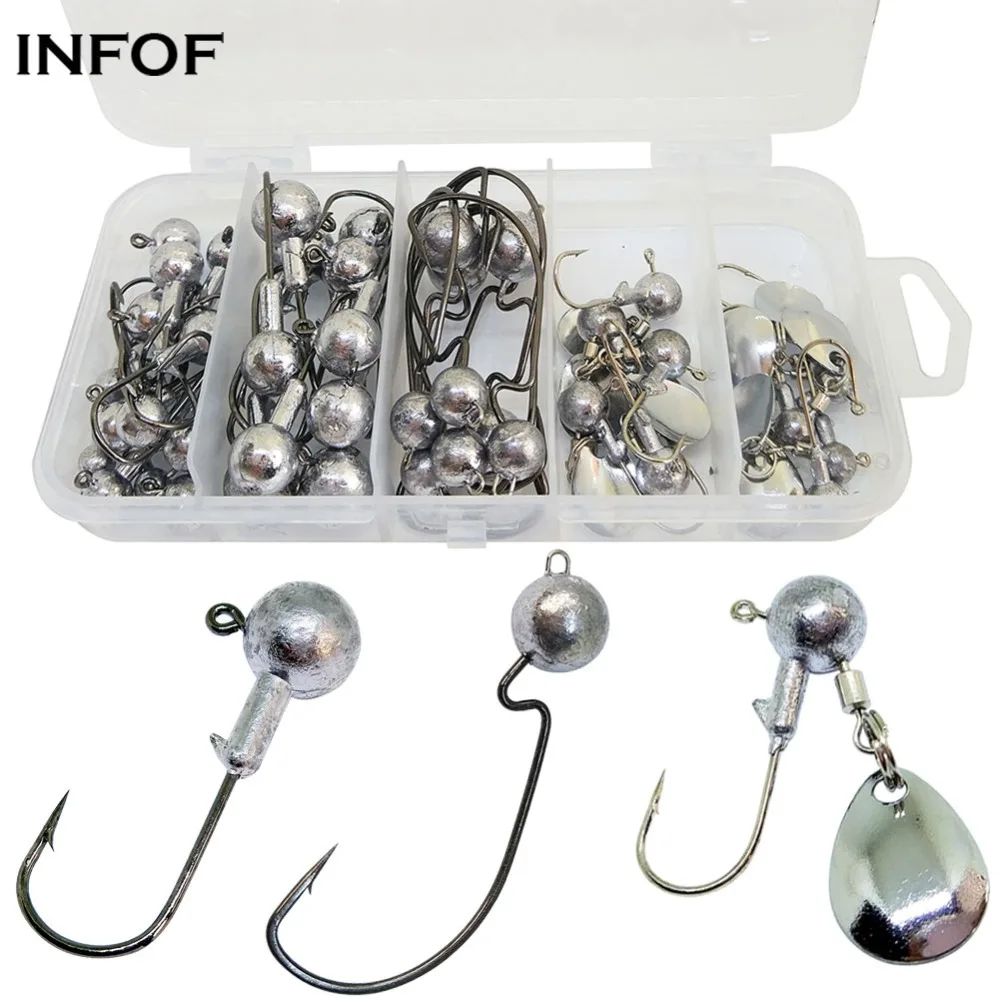 INFOF 45-pieces Jig Head Fishing Hook Kit Jighead Unpainted 1.5g