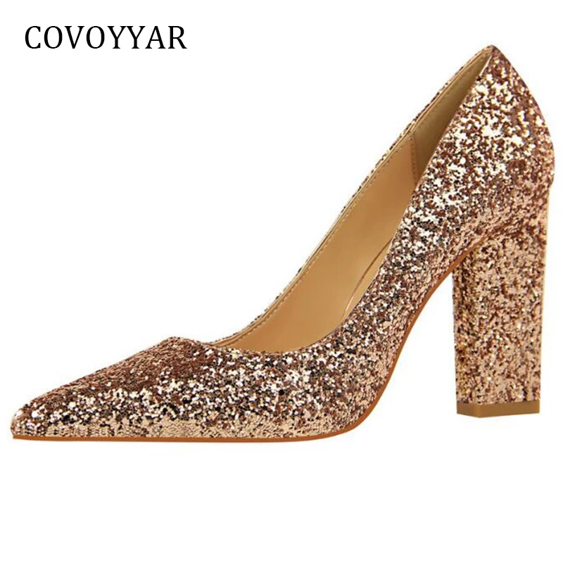 

COVOYYAR 2019 Fashion Glitter Women Pumps Stiletto Sexy Pointed Toe Bling Square High Heels Slip On Wedding Party Shoes WHH654