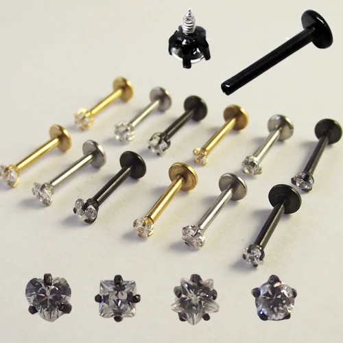 SaYao 12pcs 16G Gold Black CZ Monroe Internal Threaded Lip Rings Gem