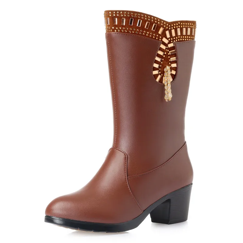 ASUMER/Большие размеры 35-43, ботинки из pu искусственной и коровьей кожи женские ботинки до середины икры на Высоком толстом каблуке теплые шерстяные зимние ботинки женская обувь - Цвет: brown 5cm heel
