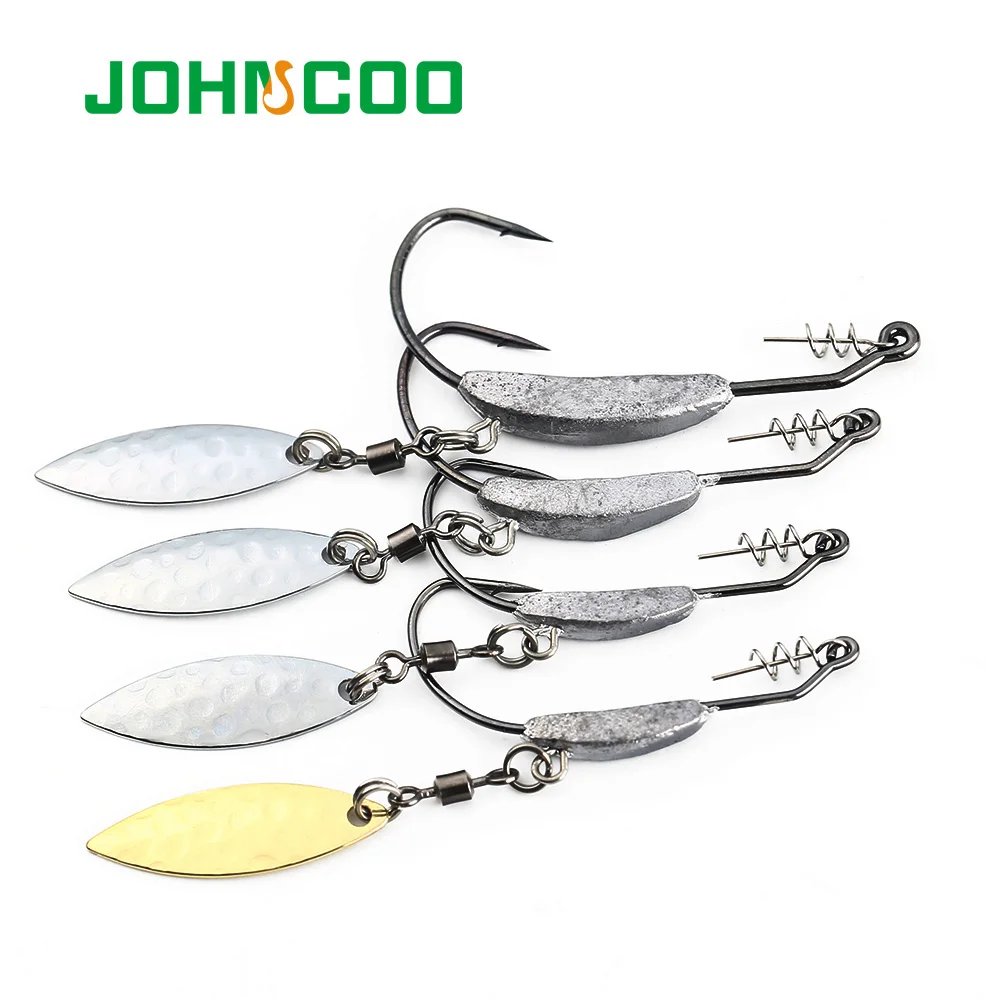 

JOHNCOO 4pcs Offset Fishing Hooks Lead Weighted Crank Hook with Spoon Soft Baits Hook Add Lead Weight Worm Hook