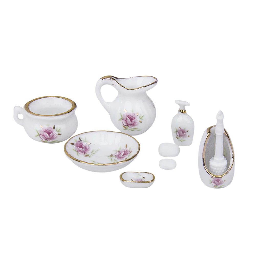 8PCS Decorative Floral Ceramic Bathroom Accessories Set for 1/12 Dollhouse
