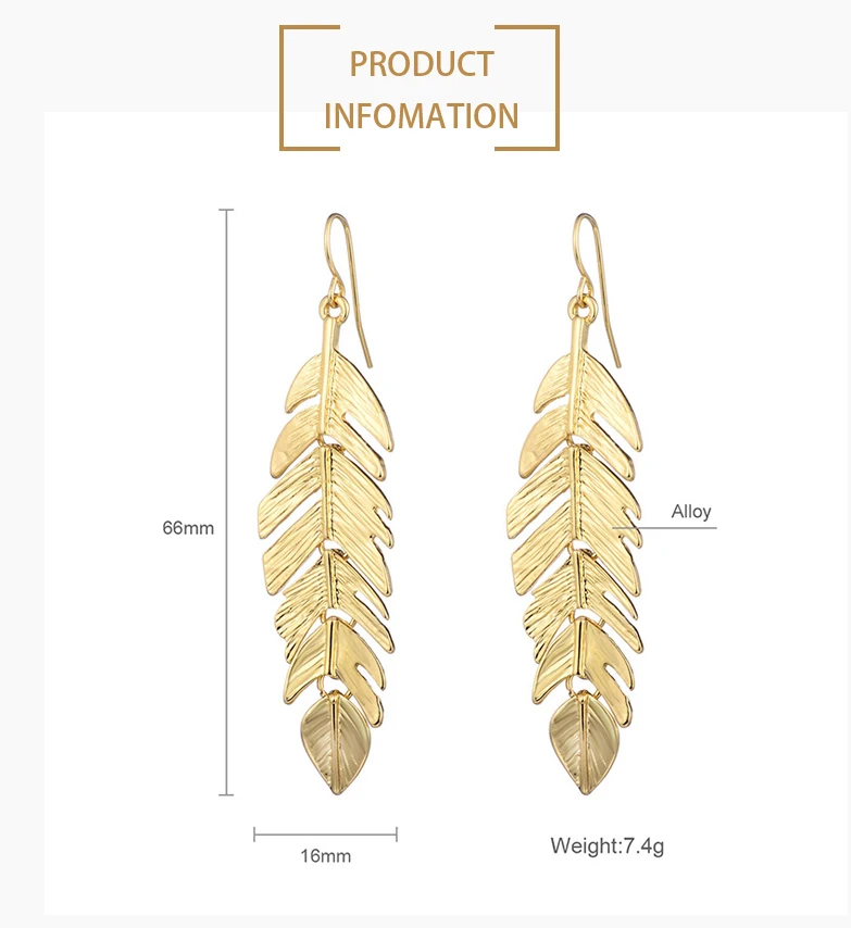 Золотые длинные висячие серьги для женщин в форме листа Подвески массивные висячие серьги Модные ювелирные изделия Brincos