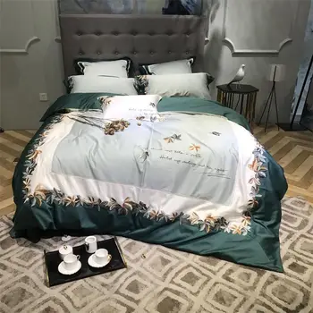 

Green Fresh Embroidery Luxury Egyptian Cotton Bedding Sets Queen King Size bed set Bedlinen sheets Duvet Cover set Pillowcase