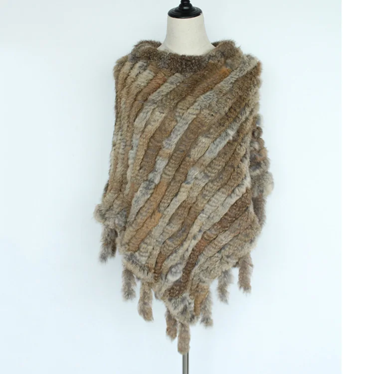 

2018 new fashion women genuine knitted natural rabbit fur poncho with tassels capes and wraps real fur shawl for female black