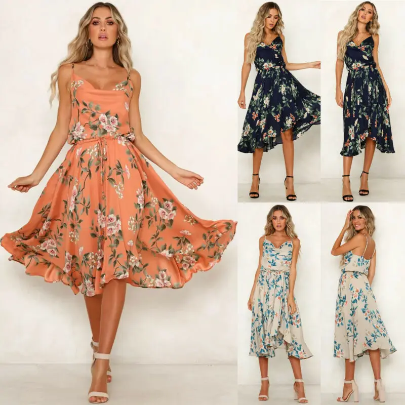 

Women's Boho Floral Chiffon Summer Party Evening Beach Short Mini Dress Sundress