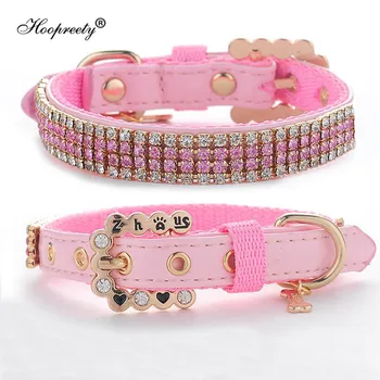 

Full Pink Crystal Rhinestones Diamonds PU Leather Dog Pet Collars With Rhinestones Buckle Cat Dog Collars For Small Medium Dogs