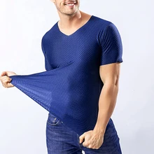 Новая мужская одежда Бесшовная майка с коротким рукавом тонкая с v-образным вырезом тонкая дышащая решетка ropa sexi hombre плюс размер