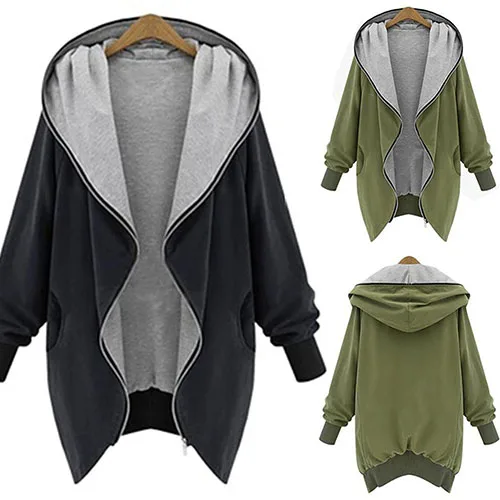 

Women Autumn Winter Solid Color Zip Hooded Batwing Overcoat Jacket Coat Outwear