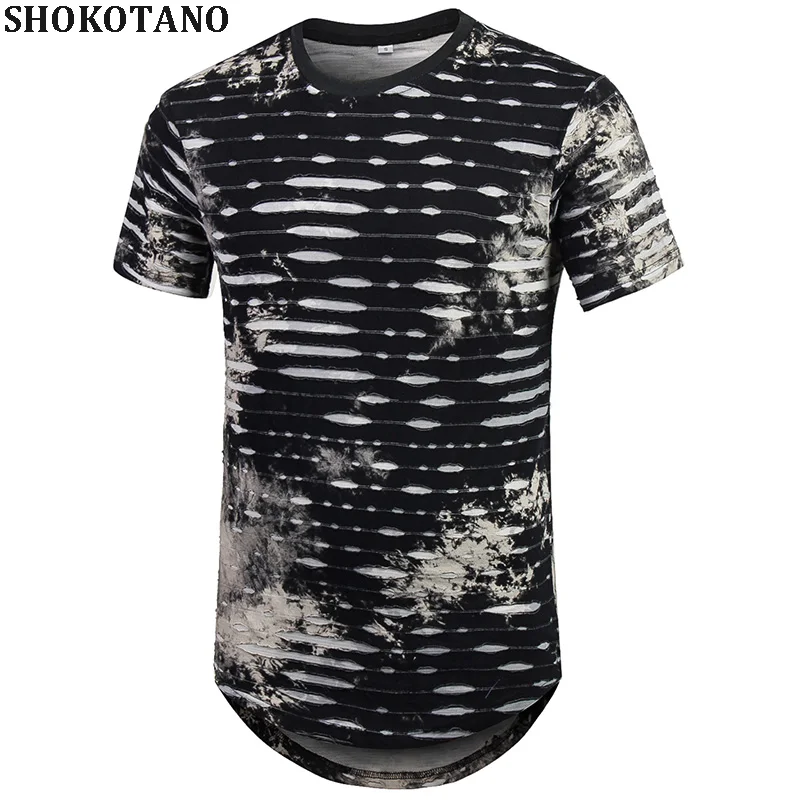 SHOKOTANO для мужчин s хип хоп Tie Dye футболка рваные в полоску хипстер кривой Подол короткий рукав Футболка