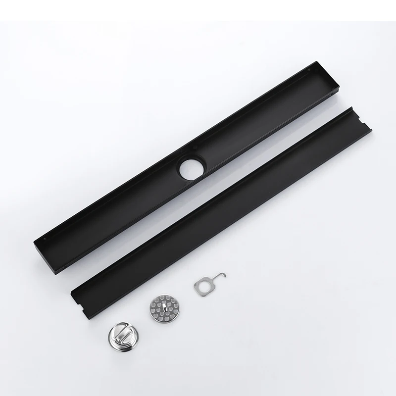 Kopen 60CM 23.62 inch Zwart Geur slip Afvoerputje Cover Rechthoek Rvs Douche Floor Rooster Drain Lineaire Floor afvoer