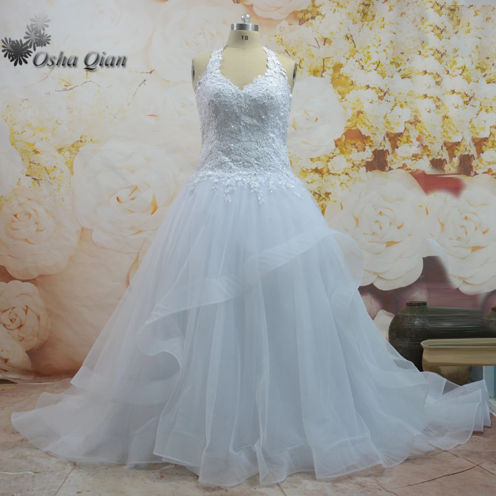 Halter Bridal Gowns White Beads Zip Lace Wedding Dresses Plus Size