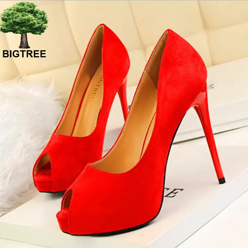 

BIGTREE Red Platform Women Pumps Solid Flock High Heels 12cm Shoes Women'Peep Toe Shallow Sexy Party Autumn Fashion Shoes
