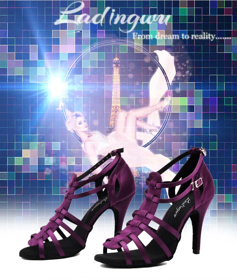 Ladingwu/танцевальная обувь для латинских танцев, сальсы; Женская атласная обувь с тигром; Цвет фиолетовый, черный; женские сандалии для бальных танцев; Zapatos de fiesta