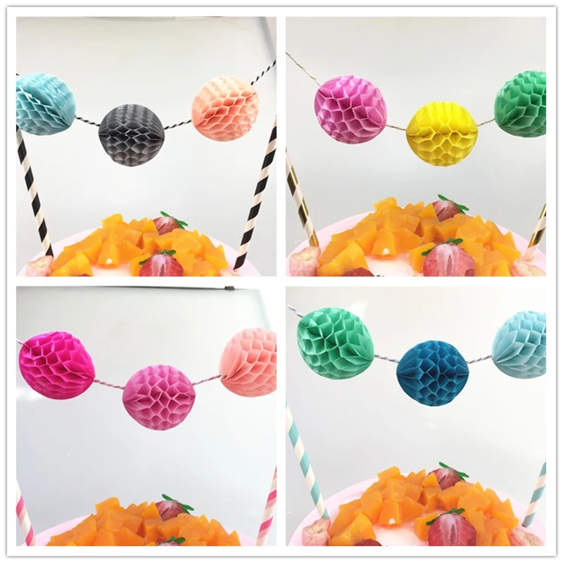 

one set 5cm Colorful Round Paper Honycomb Ball Garlands Cake Toppers Kit Wedding Birthday Baby Shower Cake Decorations Supplies