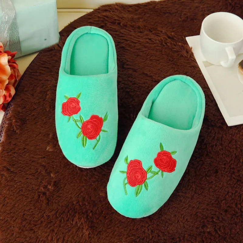 

Embroidery Rose Flower Soft Bottom Slippers for Women Indoor Wood Floor Shoes Half Pack Cozy Soft Stuffed Home Shoes Cotton