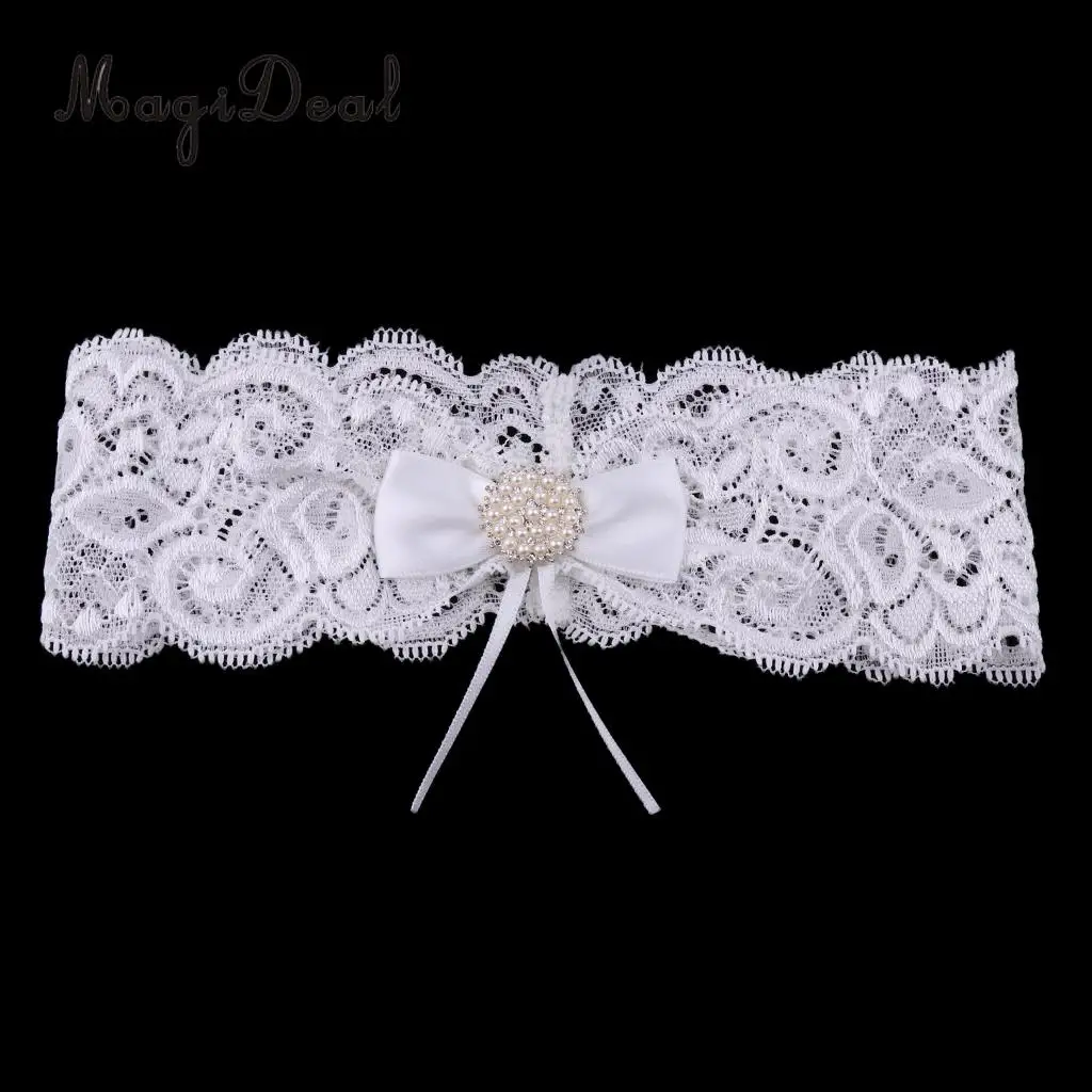 MagiDeal Romantic Wedding Bridal Lace Garter Pearls Rhinestone Bow Garter White