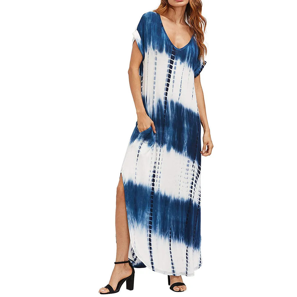 

Women's Holiday Summer Dress Casual Maxi Short Sleeve Split Tie Dye Long Beach Dress Robe Femme Elegant Party Dresses
