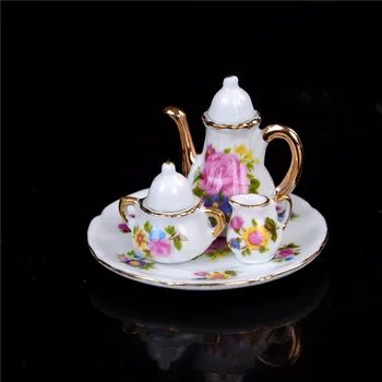

8Pcs Mini Dish Pot Dollhouse Tray Cups PrintingStrawberry Teapot Cute Coffee Tea Set 1:12 Miniature Kitchen Porcelain