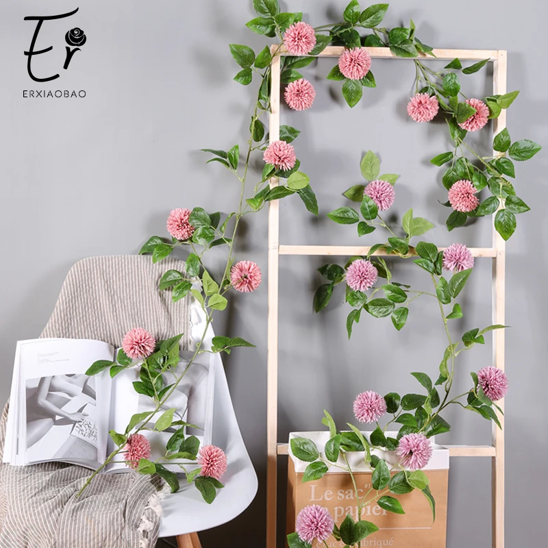 

Erxiaobao Artificial Flowers Pompon Mum Fake Chrysanthemum Silk Dendranthema Flower Vine Home Party Wedding Wall Hanging Decor