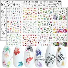 12 видов конструкций черного цвета с надписью и принтом для ногтей наклейки, водяной знак Фламинго цветок левый для ногтей Клей слайдеры маникюрные SAA1513-1560