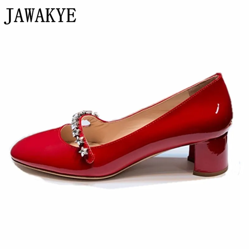 

2019 Red Sweet Patent Leather Crystal Five Stars Pumps Women Round Toe Med Heel Party Shoes Woman Female Slip On Shoes