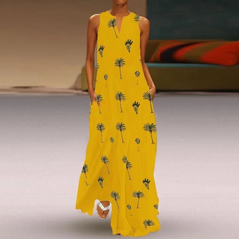VIEUNSTA, женское винтажное длинное платье с v-образным вырезом и принтом бабочки,, бохо, без рукавов, с карманами, летнее платье, повседневное, свободное, Пляжное, макси платье - Цвет: 04 Yellow