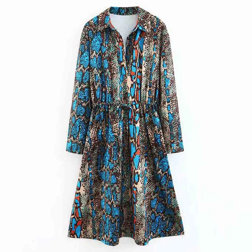 

ANSFX Fashion Blue Snake Pattern Turn-down Collar Waist Tied Bow Dress Stylish Women Long Sleeve Long A-Line Dress Vestido