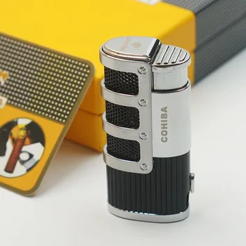 

Cohiba Gridding Stripes Style Turbo Gas Butane 3 Torch Jet Flame Cigar Lighter With Punch Cigarette Windproof Lighters Gift Box