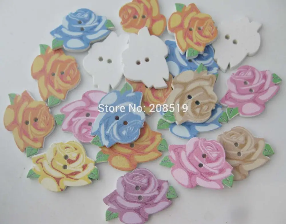 

WBNSNW Rose buttons wooden printed assorted colorful sewing buttons 100 pieces DIY decoration