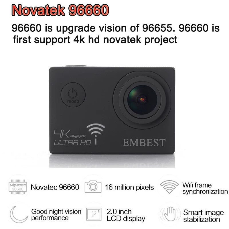 EMBEST Экшн камера Ultra HD 4 K/24fps WiFi 2 0 &quot170D водонепроницаемая Спортивная мини NTK96660 с