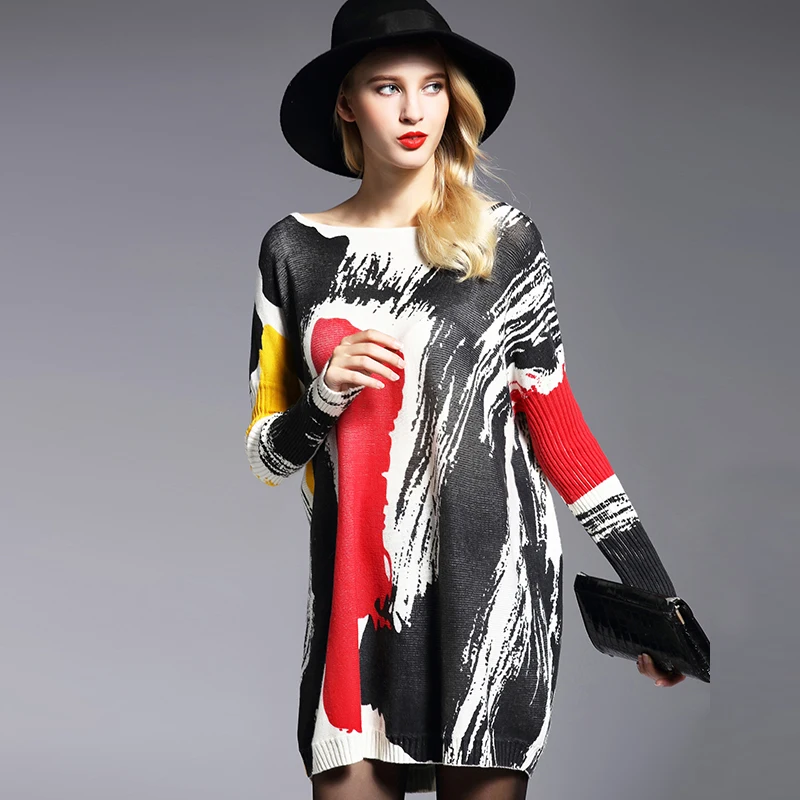 XIKOI Long Oversize Sweater Women Spring Pullover Casual Batwing Sleeve Print Fashion Woman Sweaters Clothes Pullovers