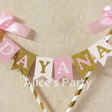 Новое пользовательское имя торт Топпер Бантинг девочка ребенок душ 100 дней вечерние торт баннер розовый светло розовый Золотой украшения для торта на день рождения