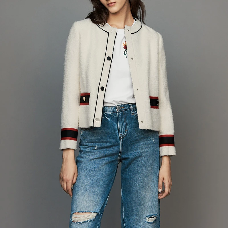 2019 Wool Blend Round Collar Cropped Tweed Jacket + Elastic Waist 