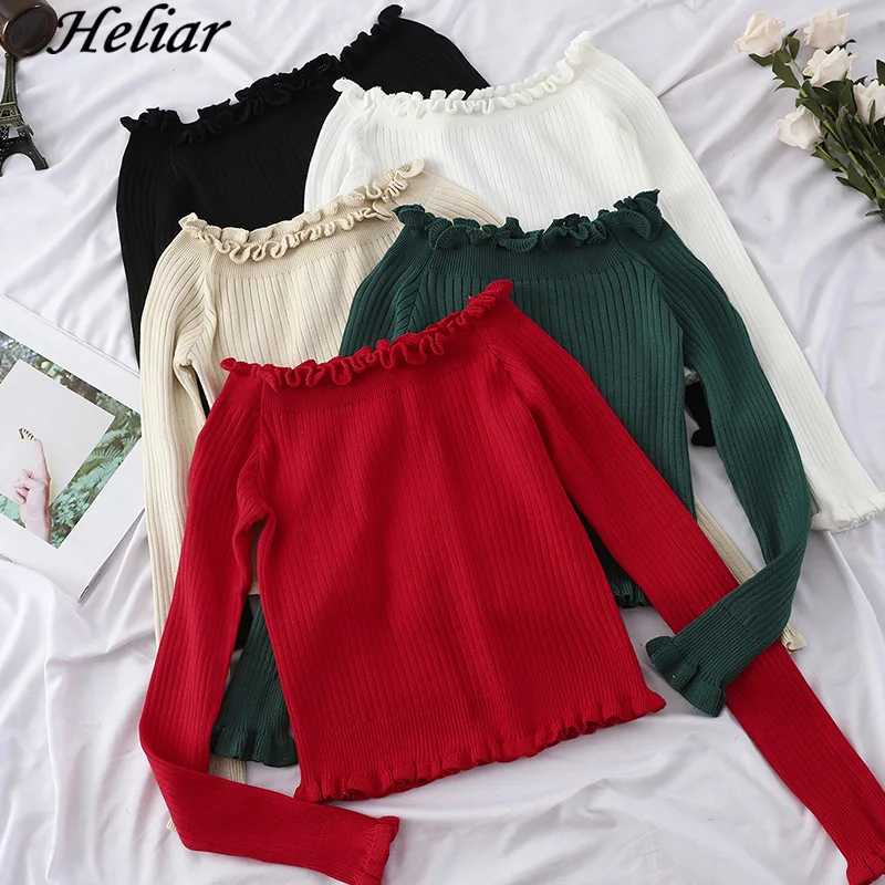 

HELIAR Red Solid Shoulder Off Casual Jumper Spring Autumn Office Long Sleeve Womne Sweater Elastic Sexy Pullover Tops