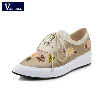 

2019 New Embroider Lace-up Women Pumps Pointed Toe Increased Internal Spring Shoes Woman Elegant Ladies Casual/Daliy Shoes