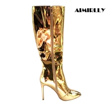 Новинка; женские сапоги до колена из лакированной кожи на высоком каблуке; цвет золотистый, металлик; сапоги на заказ с боковой молнией; Размеры 4-15,5