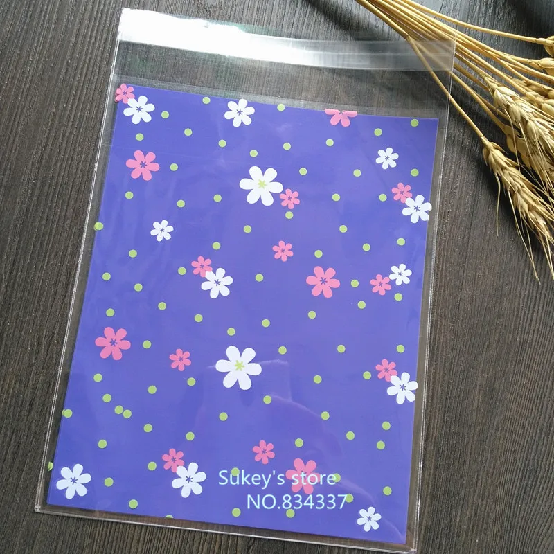 

100pcs/lot big cookie plastic bags Purple flower gift bag self adhesive bags 16x20cm free shipping